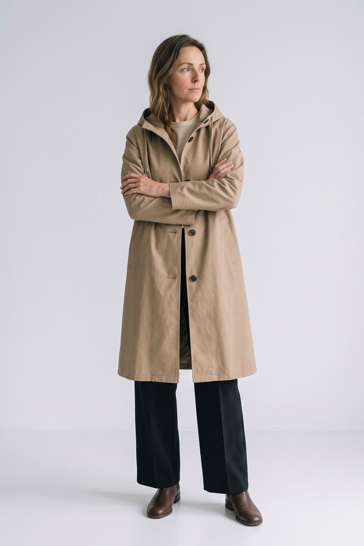 Women's Hooded Raincoat | Button-Front — Khaki — front view — on model