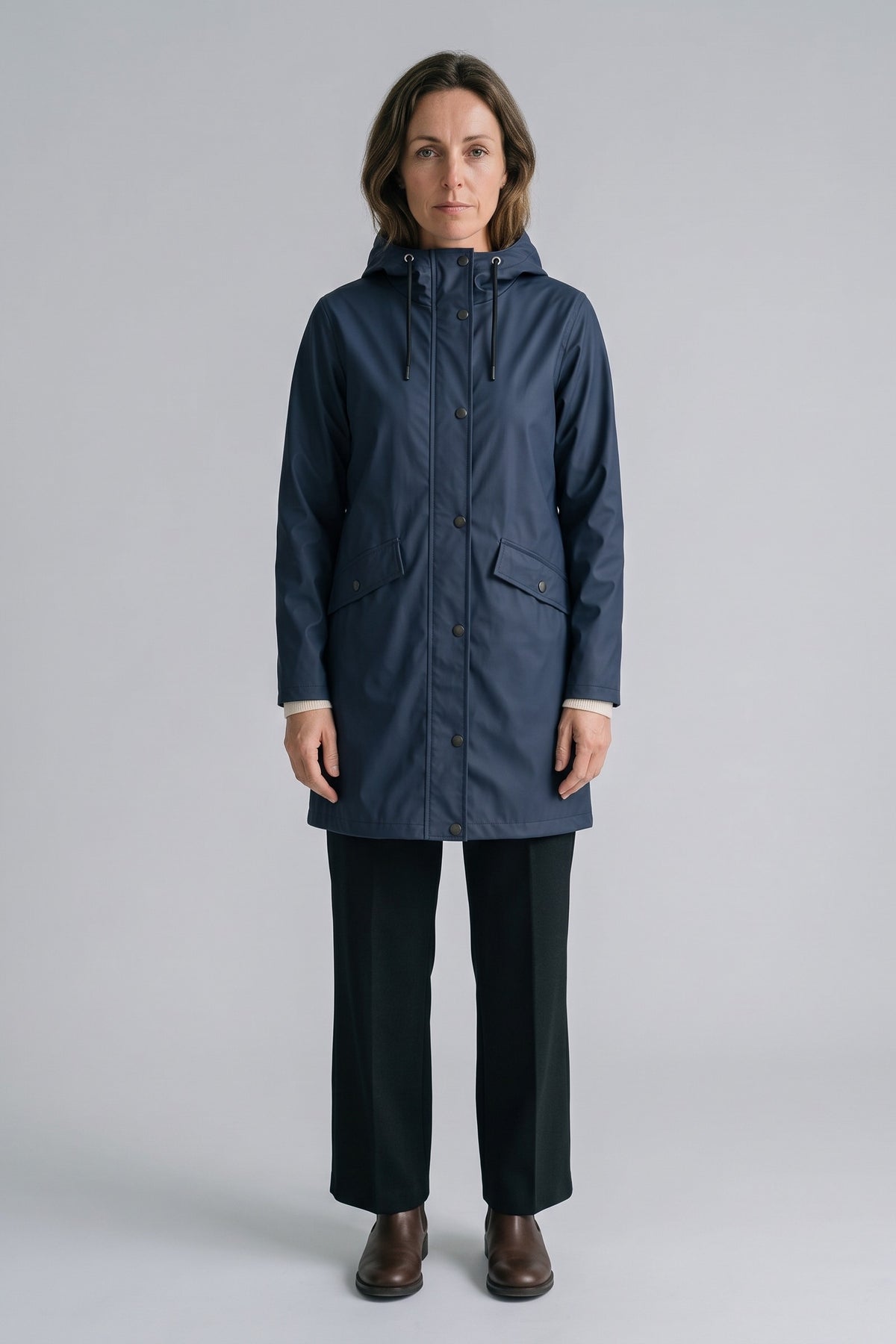 Women's Hooded Raincoat | Button Front — Navy — front view — on model
