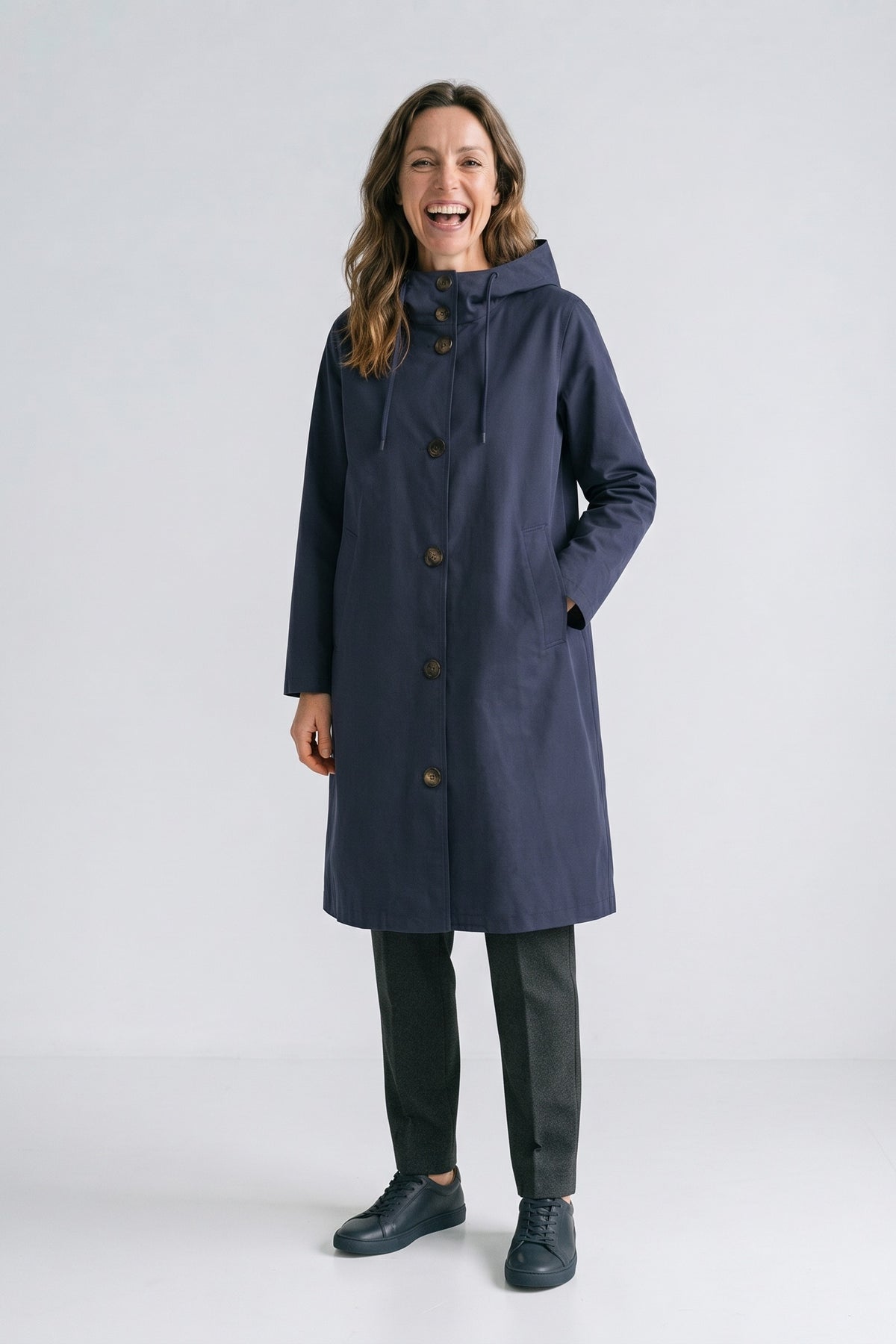 Women's Hooded Raincoat | Button-Front — Navy — front view — on model