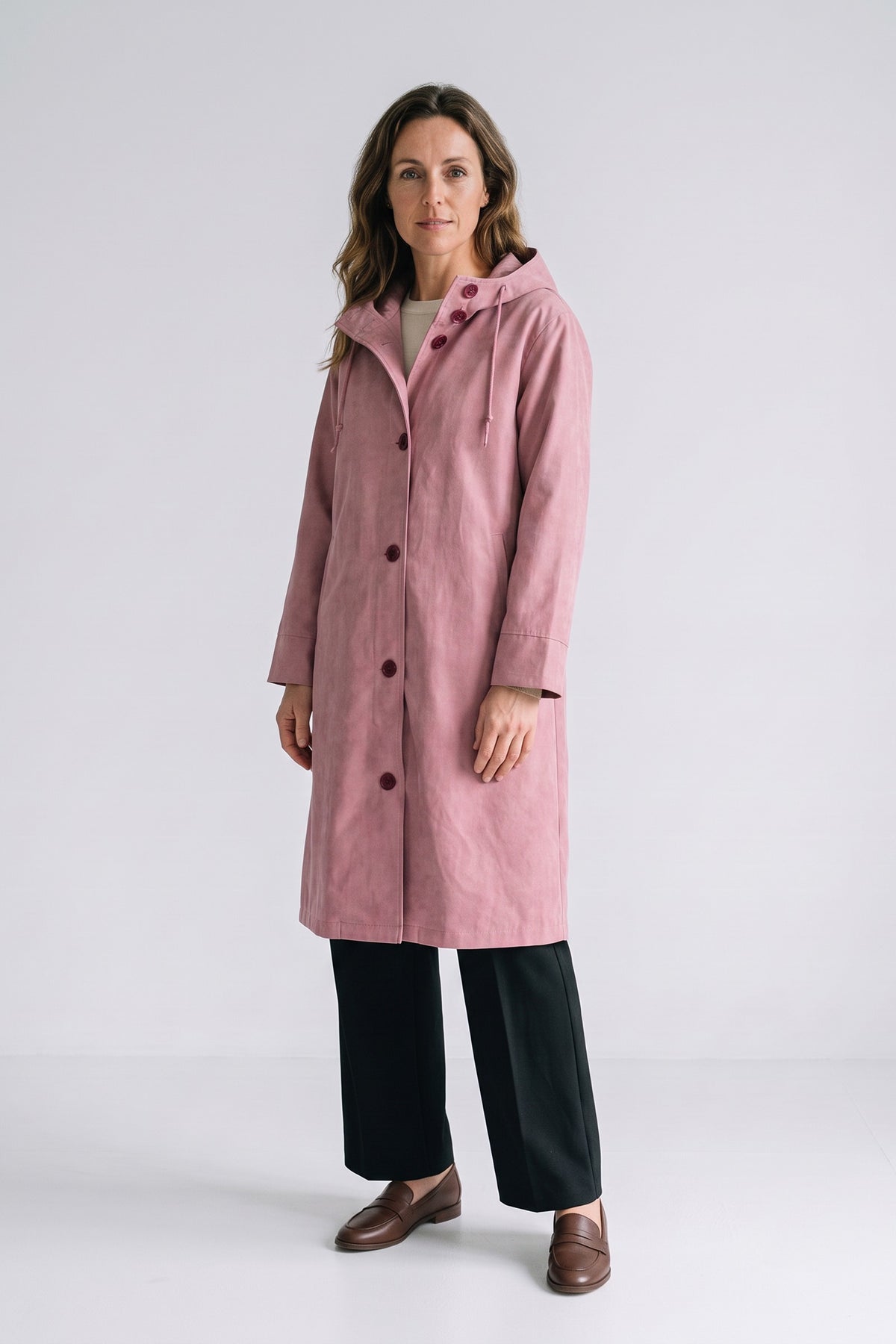 Women's Hooded Raincoat | Button-Front — Pink — front view — on model