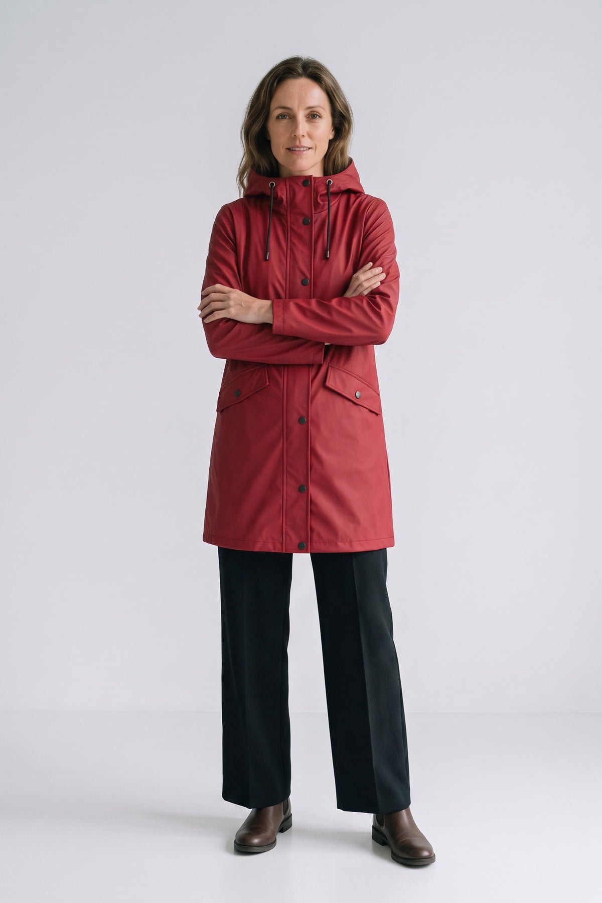 Women's Hooded Raincoat | Button Front — Red — front view — on model