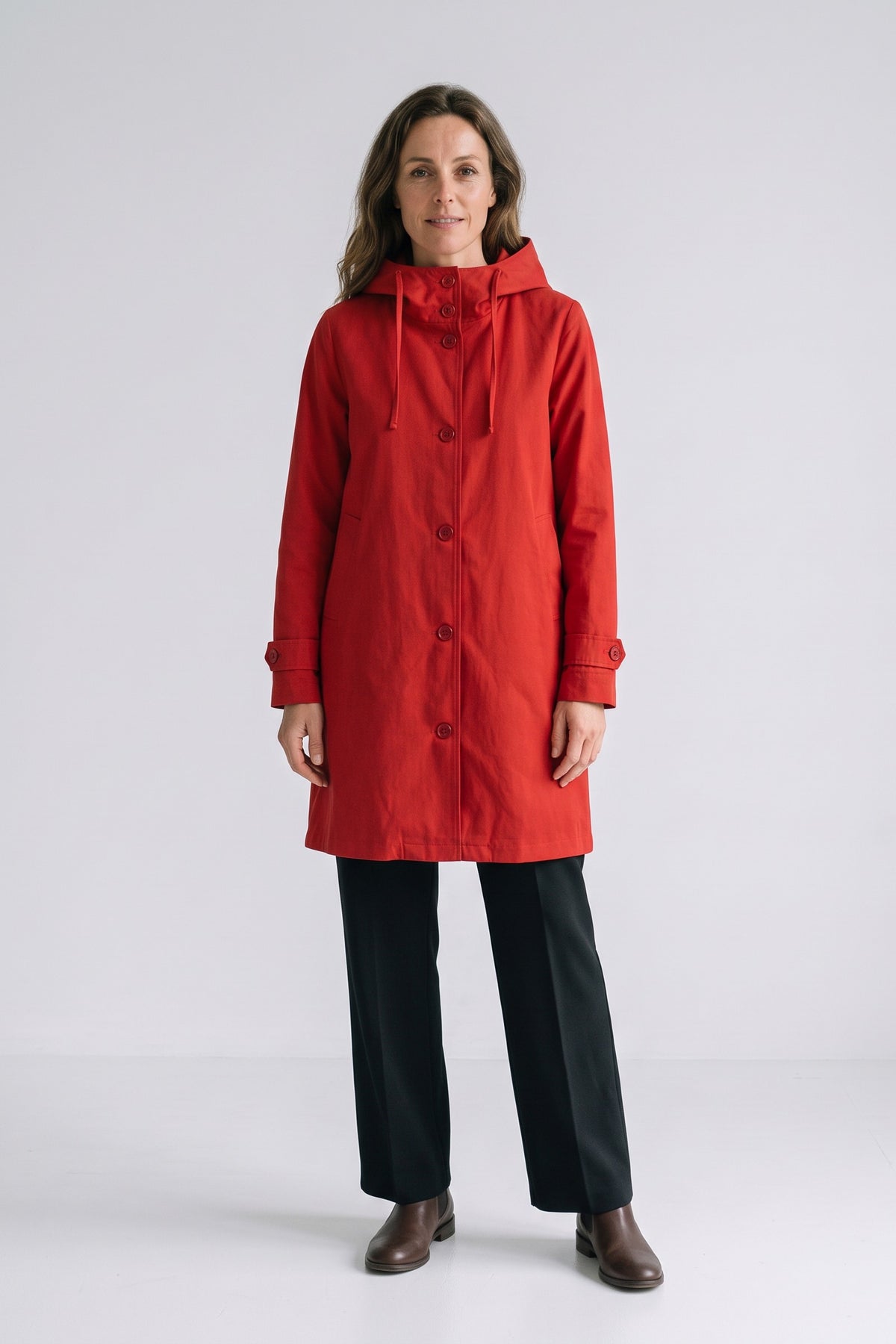 Women's Hooded Raincoat | Button-Front — Red — front view — on model