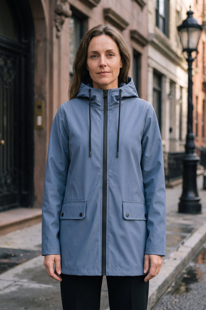 Women's Hooded Raincoat | Rainjackets — Blue — lifestyle — on model