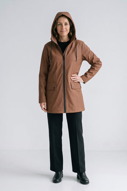 Women's Hooded Raincoat | Rainjackets — Brown — front view — on model