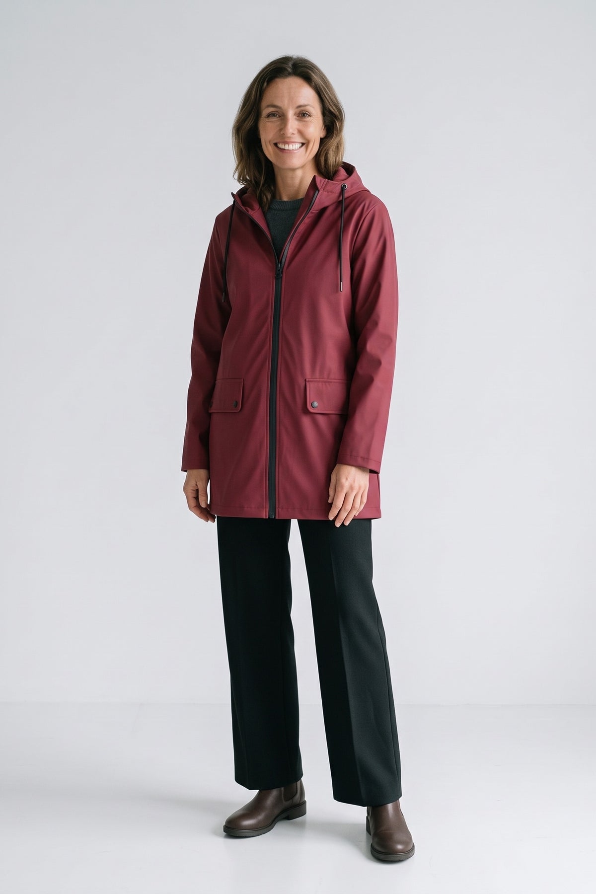 Women's Hooded Raincoat | Rainjackets — Red — front view — on model