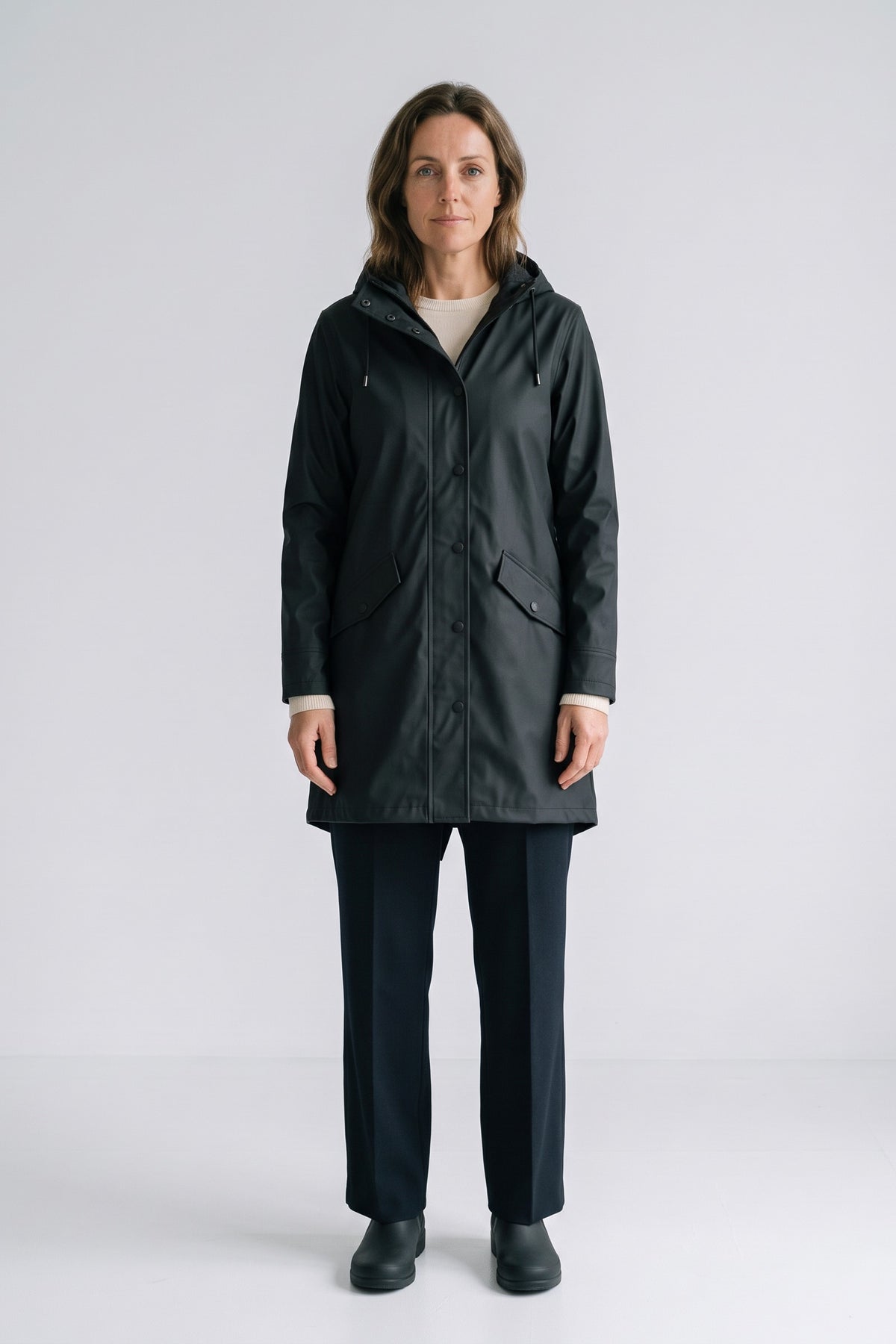 Women's Hooded Raincoat | Snap-Front — Black — front view — on model