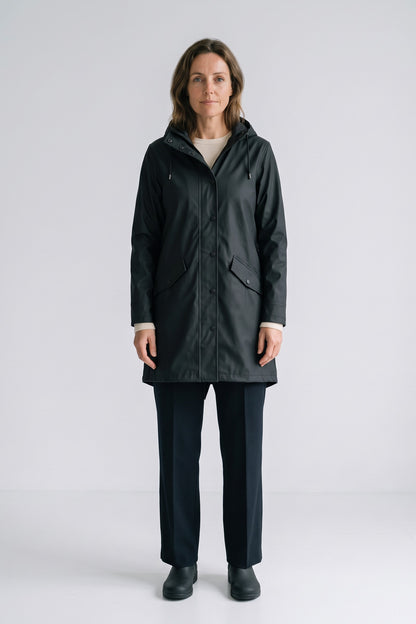 Women's Hooded Raincoat | Snap-Front — Black — front view — on model