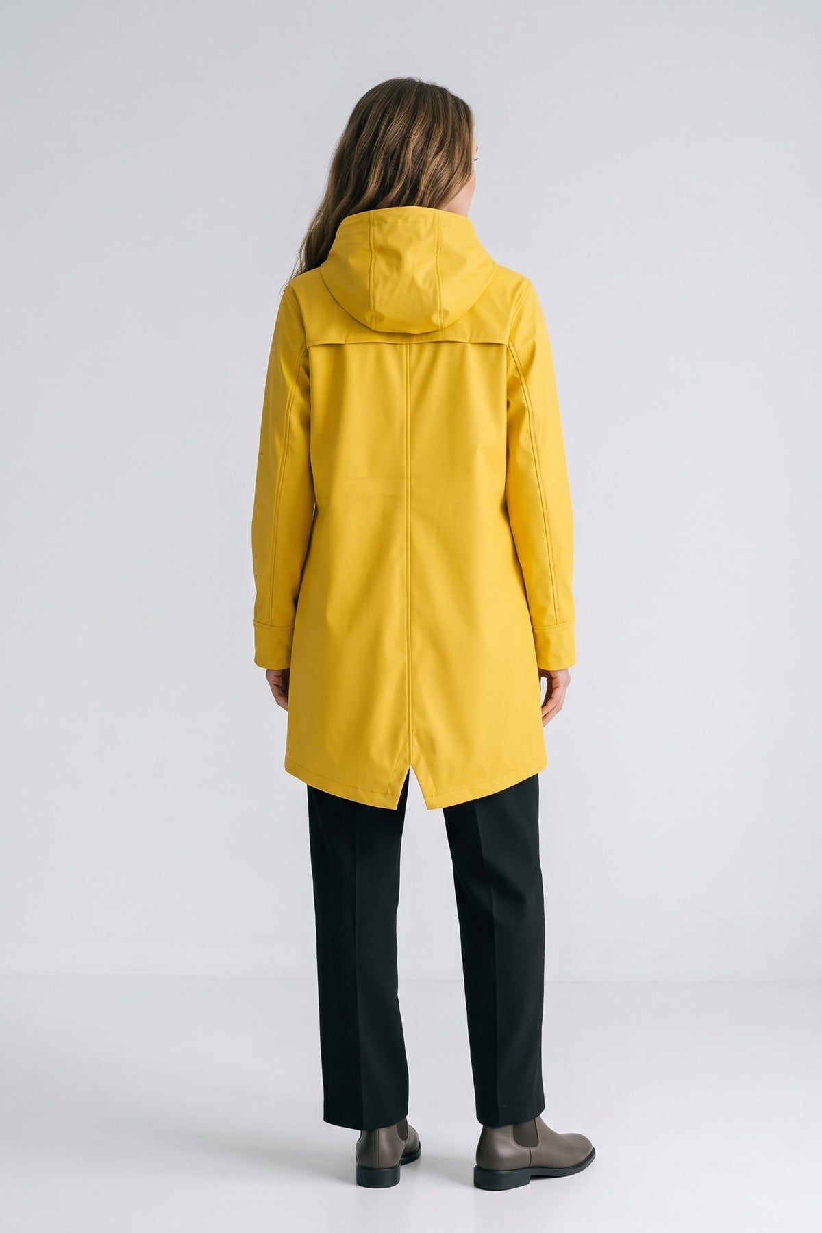 Women's Hooded Raincoat | Snap-Front — Yellow — back view — on model
