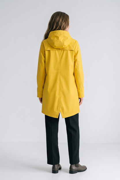 Women's Hooded Raincoat | Snap-Front — Yellow — back view — on model