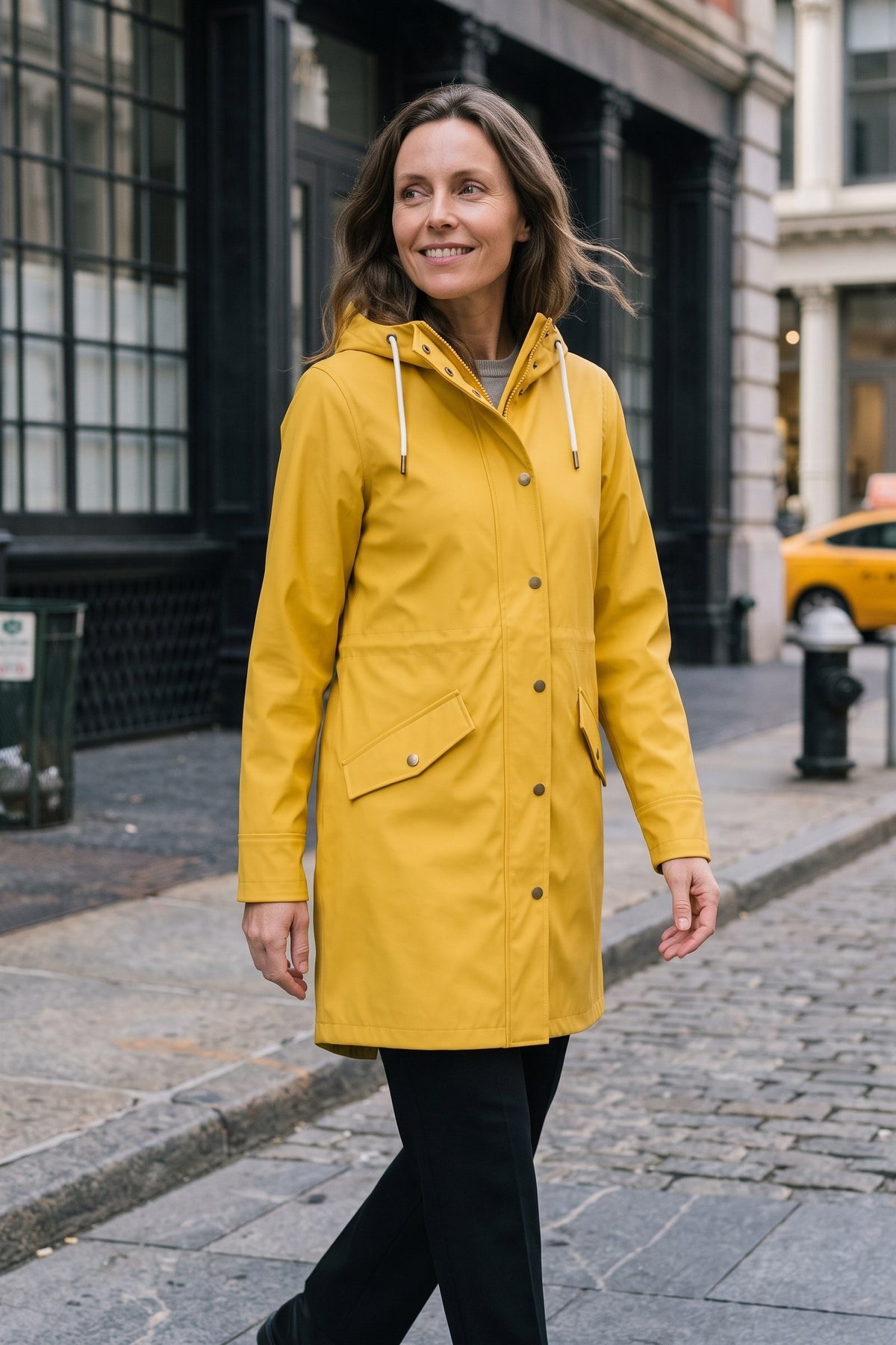 Women's Hooded Raincoat | Snap-Front — Yellow — lifestyle — on model