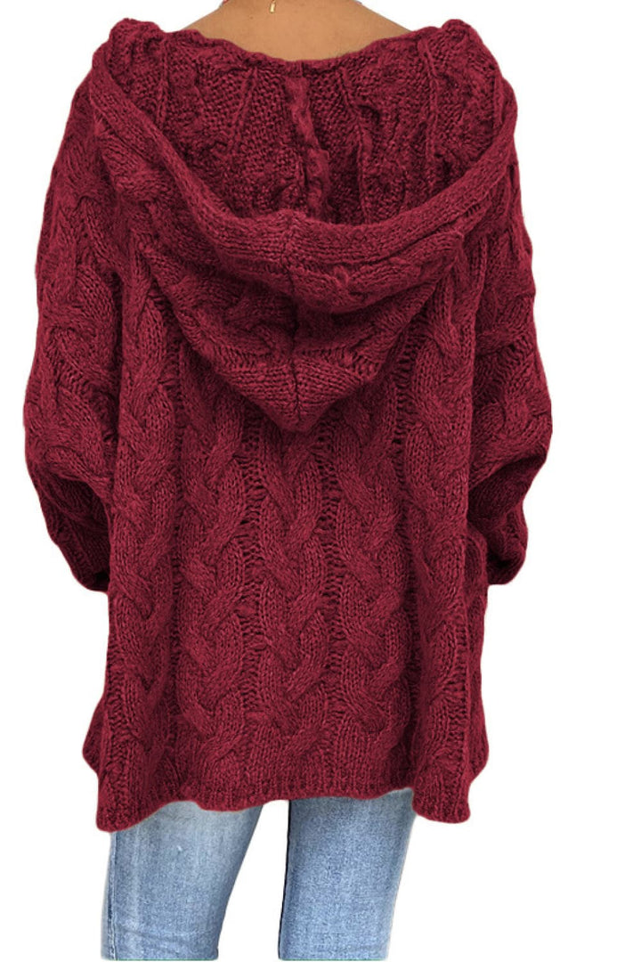Back view of the burgundy hooded sweater showing the hood and high low hem