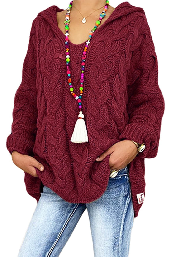 Women's burgundy hooded sweater, oversized cable knit V neck, styled with a beaded necklace
