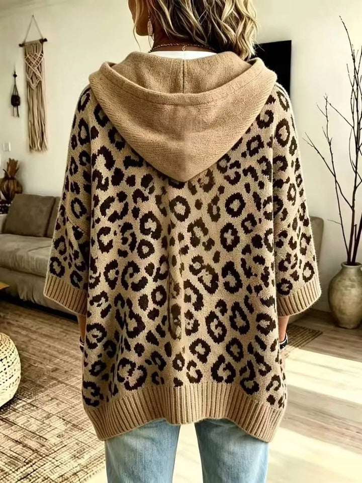 Back view of the khaki oversized hooded sweater with leopard pattern
