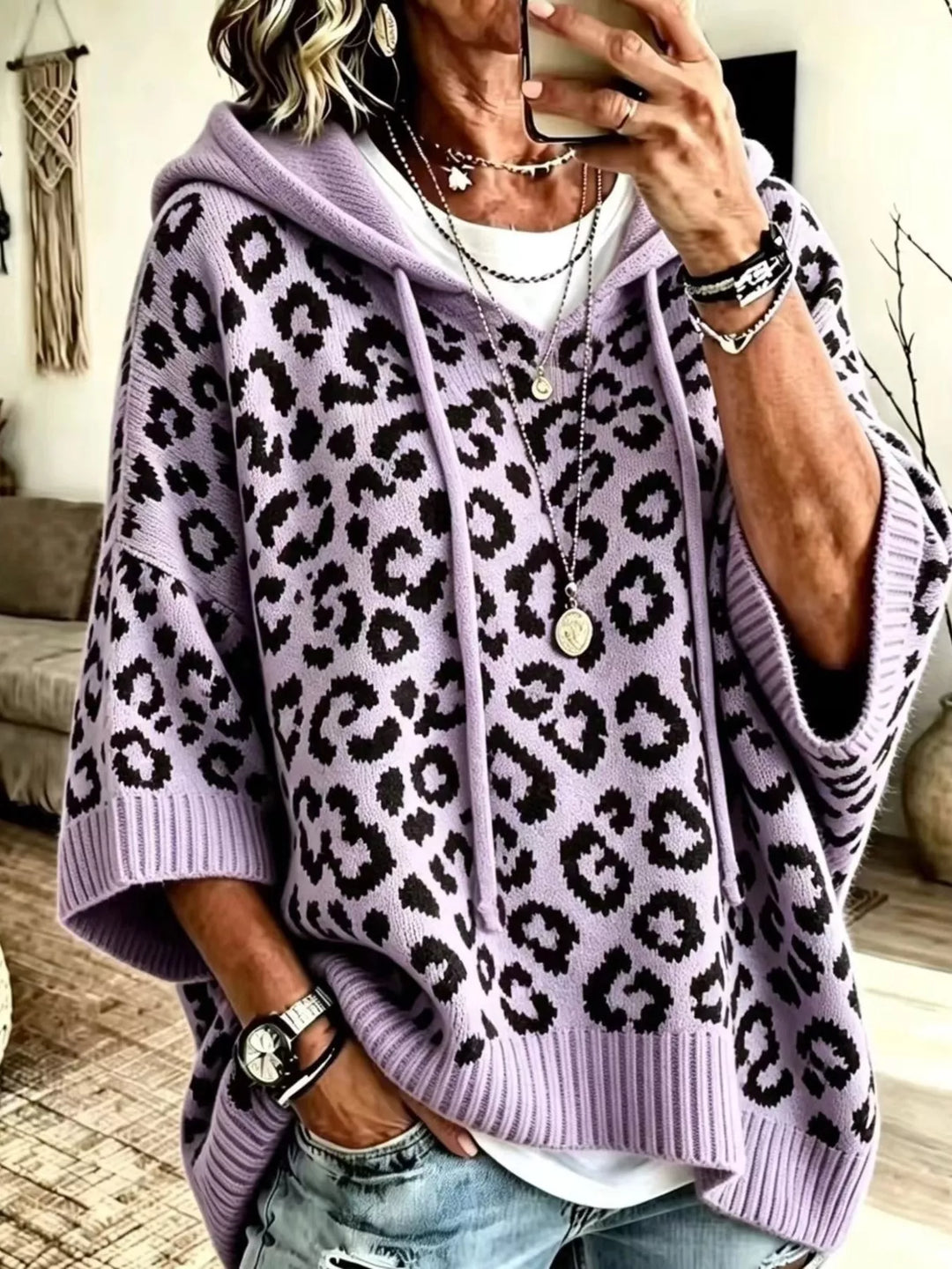 Lavender leopard jacquard hooded sweater with drawstring, front view