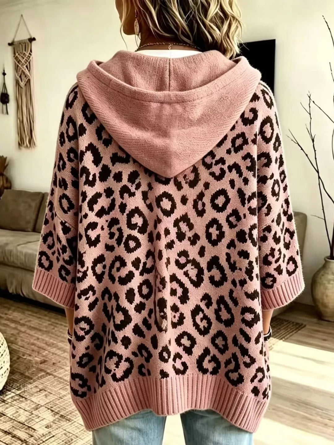 Back view of the rose oversized hooded sweater with leopard pattern