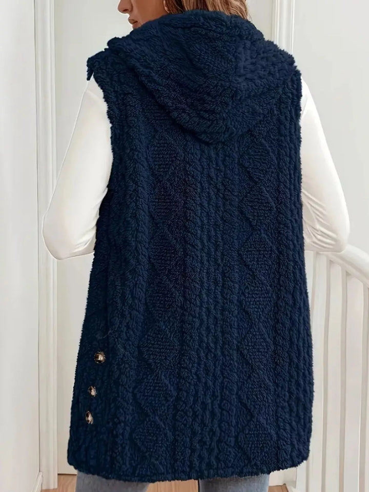 Back view of the navy cable knit vest with the hood
