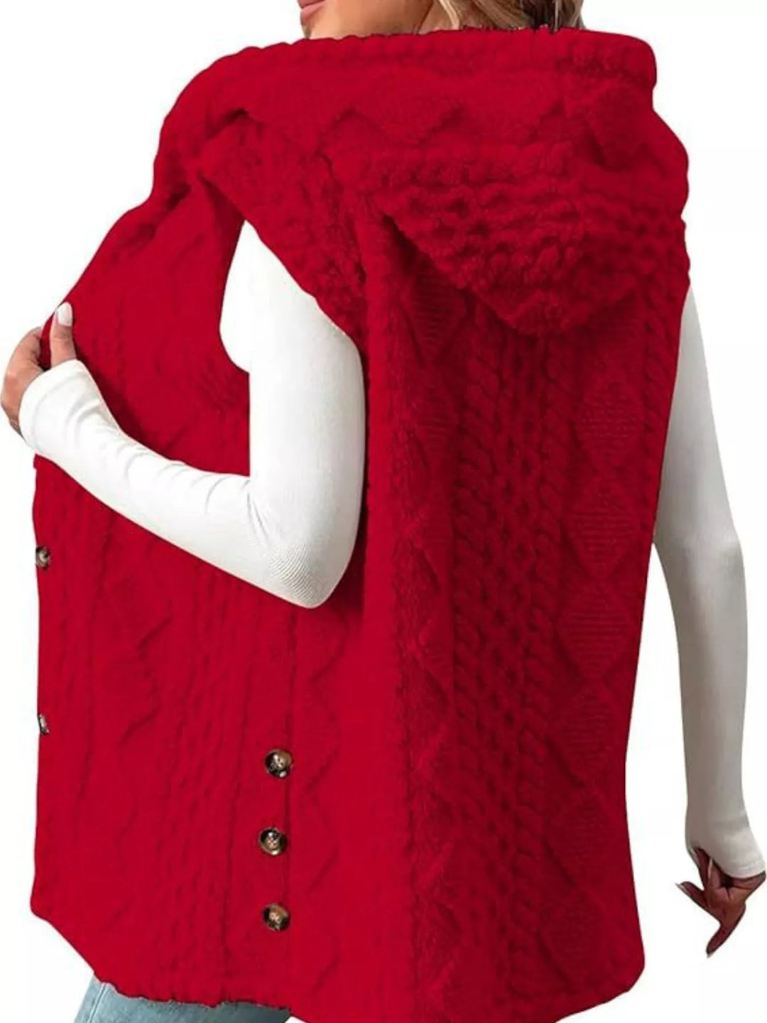 Back view of the red cable knit vest with the hood and side buttons