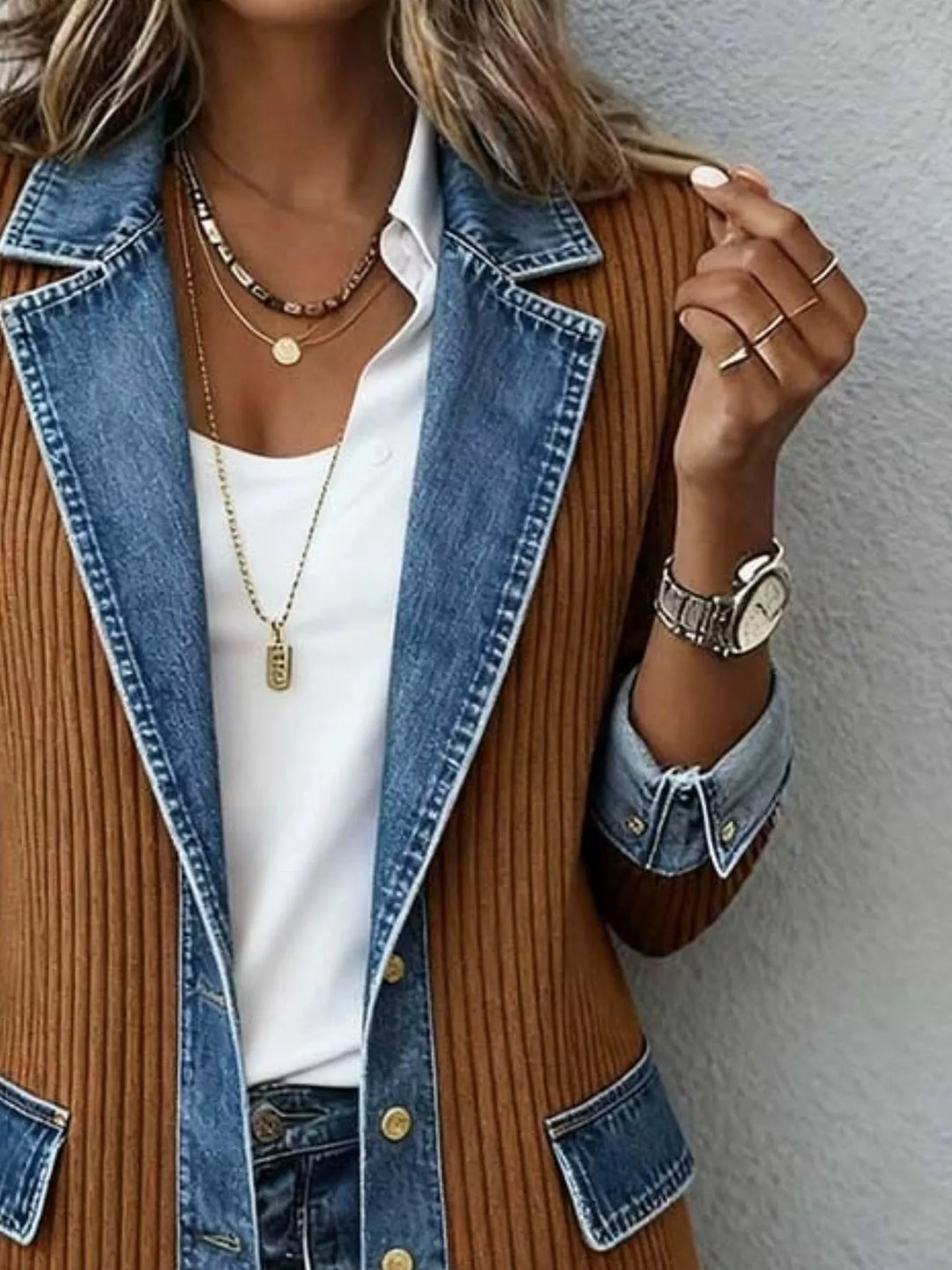 Close-up of the camel jacket denim lapel and flap pocket