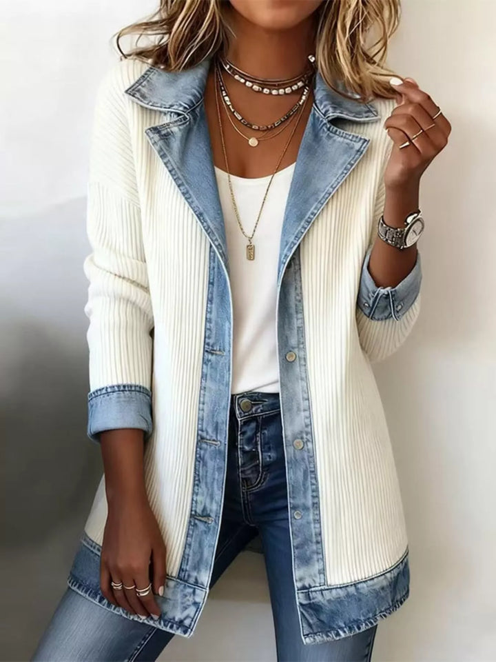 Ivory open front knit jacket with contrast denim lapel