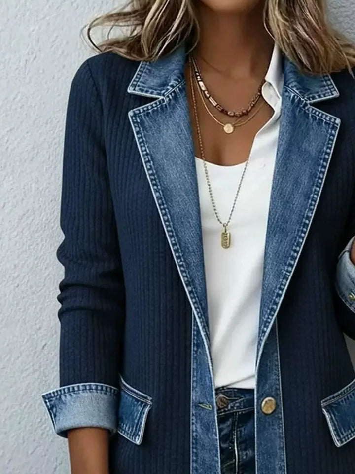 Navy ribbed knit jacket with denim lapel styled with a white top