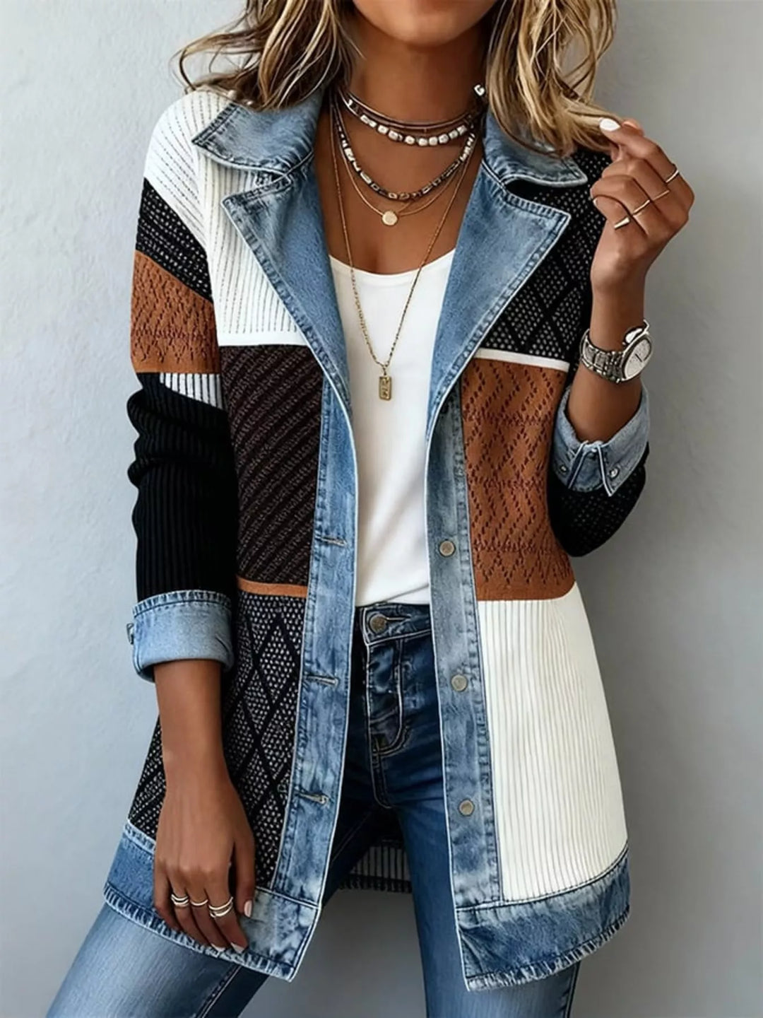 Patchwork knit jacket in brown, black and white with denim lapel