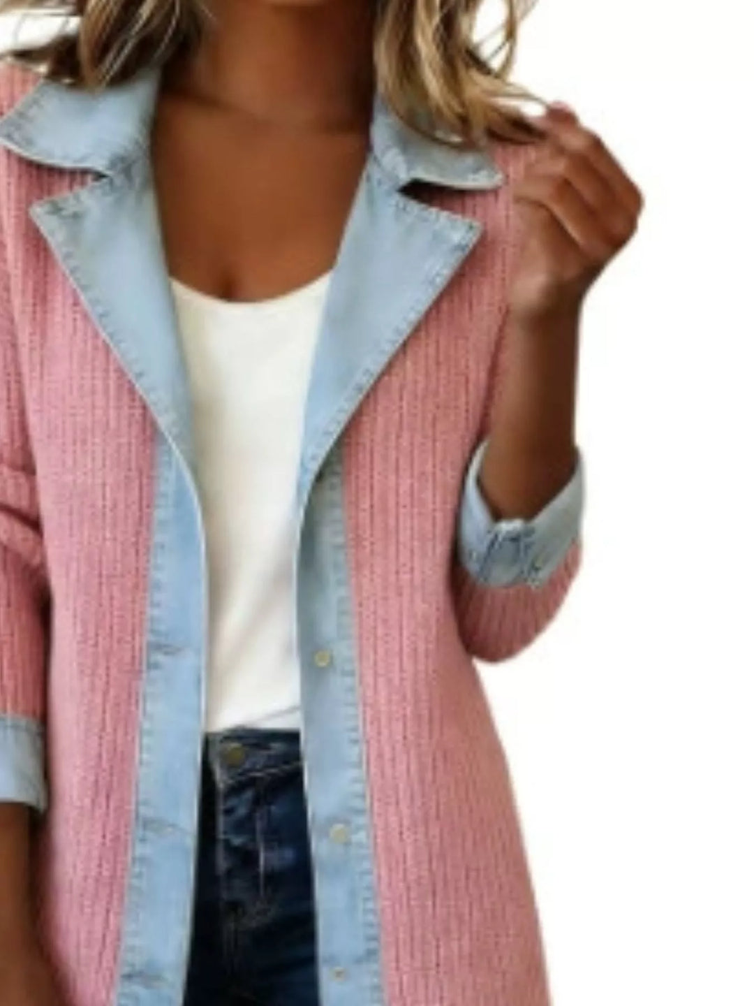 Close-up of the pink jacket denim lapel and cuff