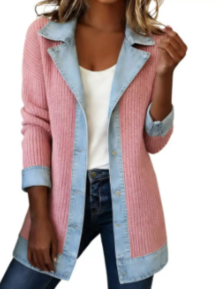 Pink ribbed knit jacket with denim contrast lapel, front view