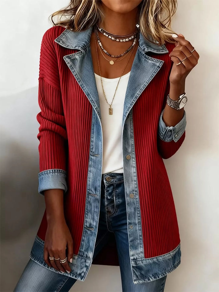 Red ribbed knit jacket with denim contrast lapel, front view