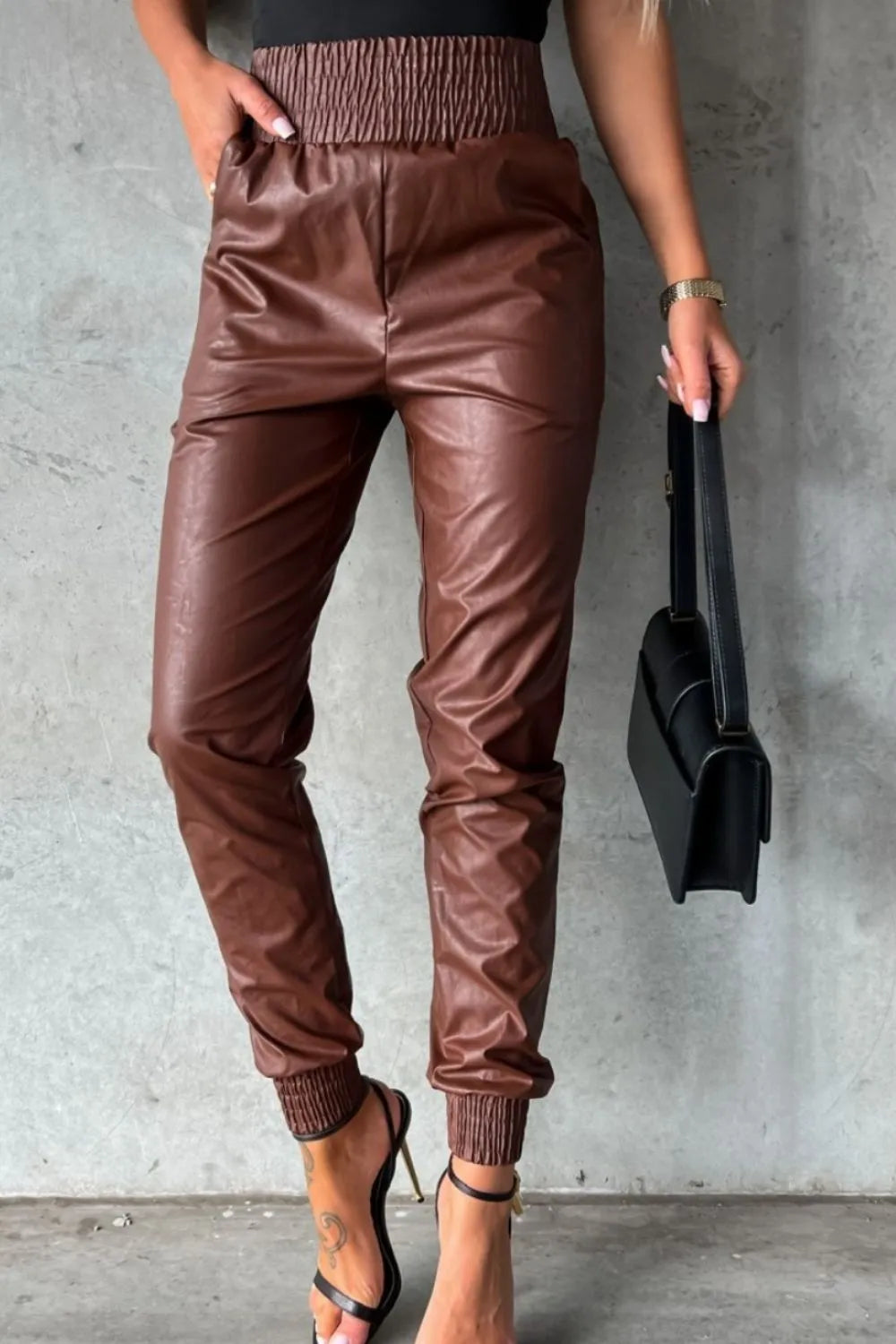 Women's jogger pants in chestnut with a high rise smocked waist and tapered leg