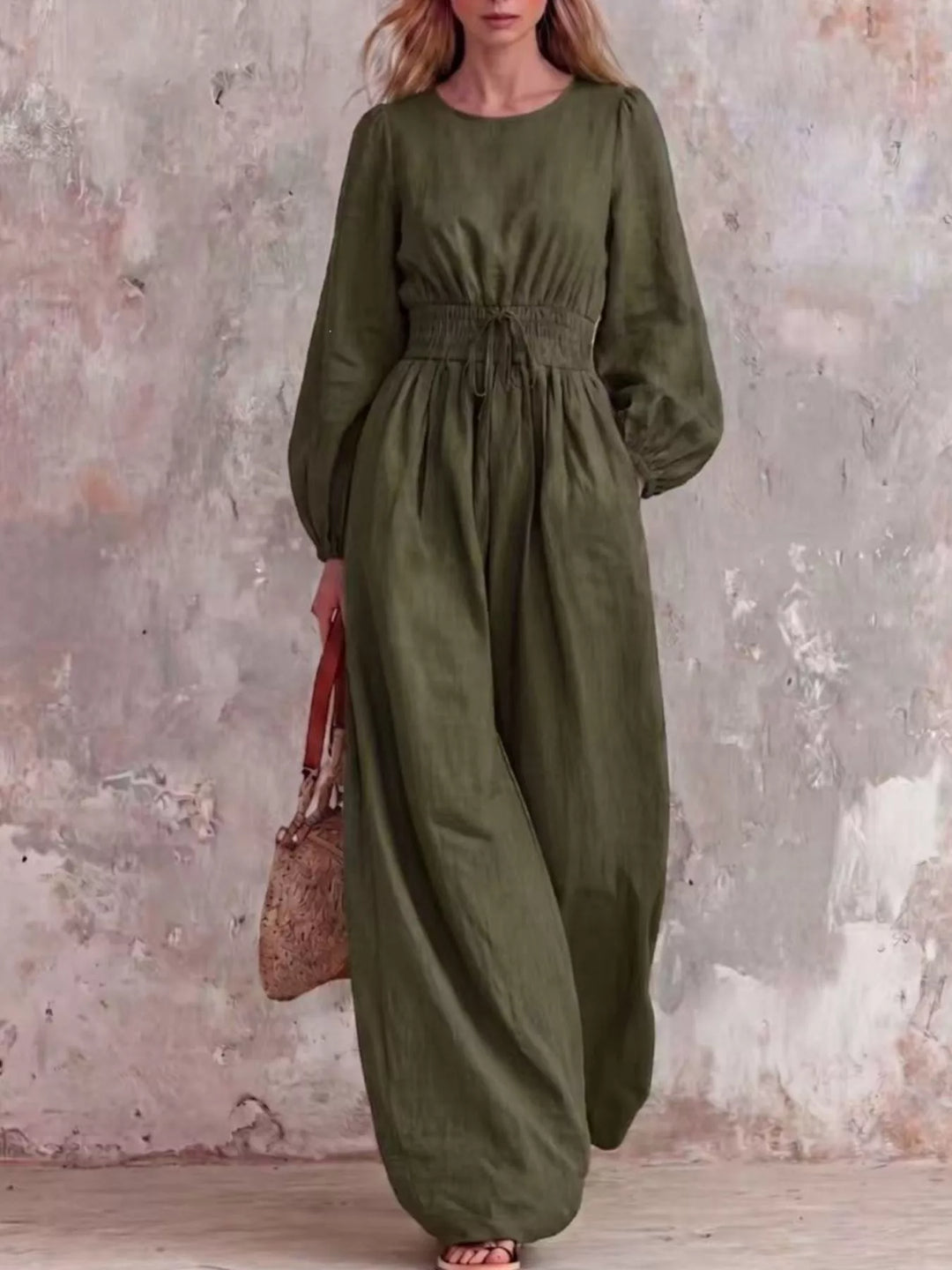 Olive wide leg jumpsuit with long balloon sleeves, full length front view