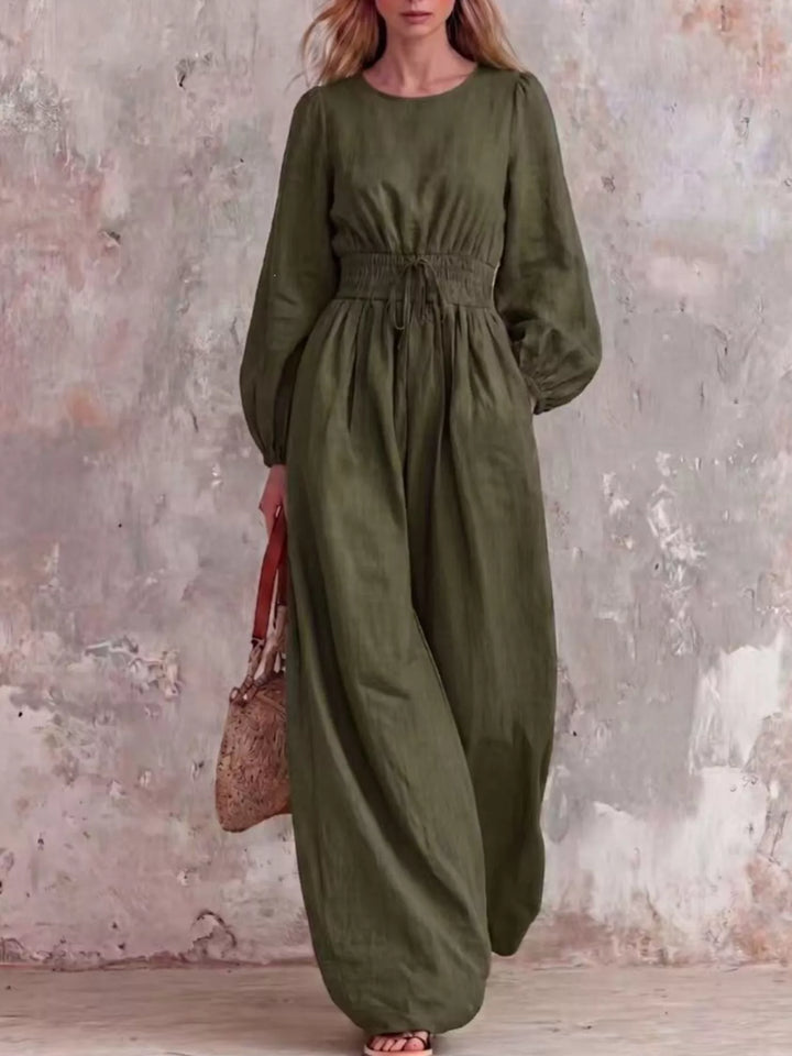 Olive wide leg jumpsuit with long balloon sleeves, full length front view