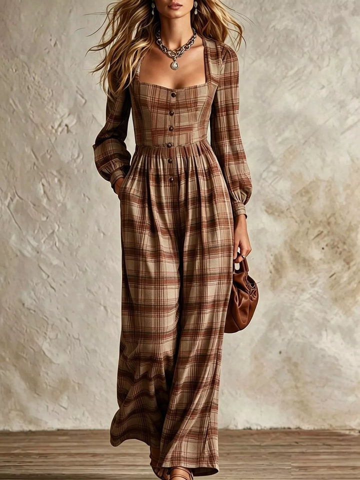Women's jumpsuit in brown plaid, long sleeve wide leg with pockets, full length front view