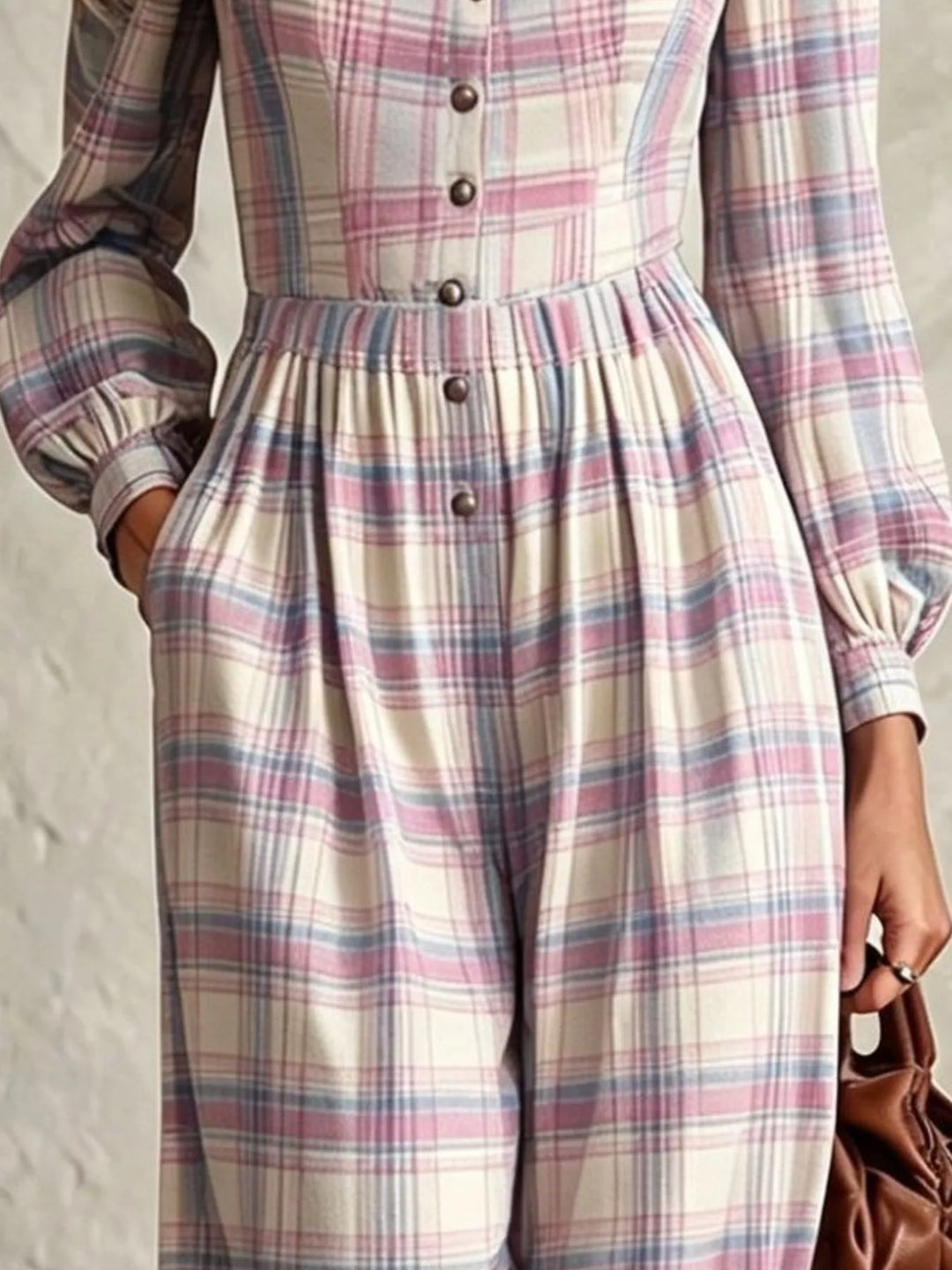 Detail of lilac plaid jumpsuit bodice and side pocket