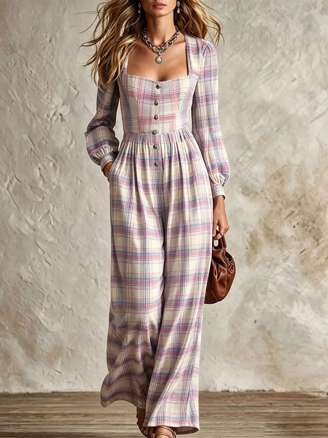 lilac plaid wide leg jumpsuit with square neckline and button front, holding a handbag