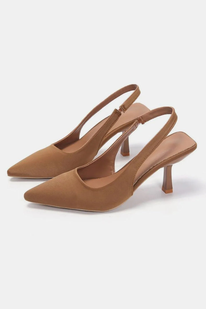 Caramel brown pointed toe slingback kitten heel pumps, pair view