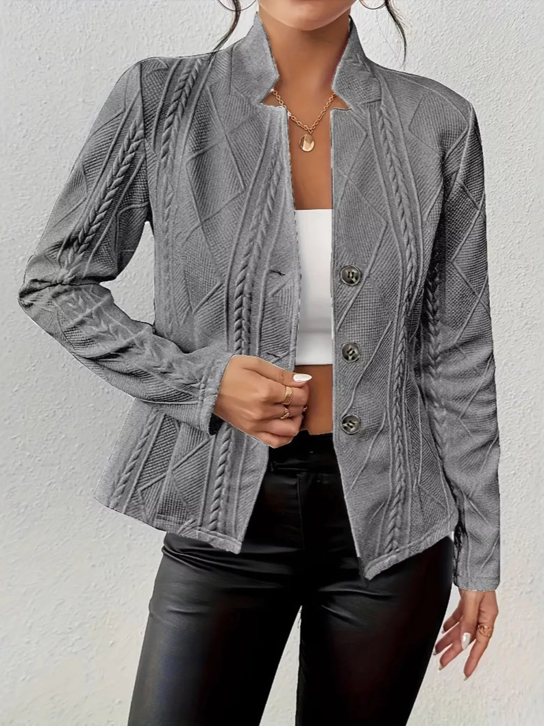 Dark gray textured knit blazer with stand collar, front view