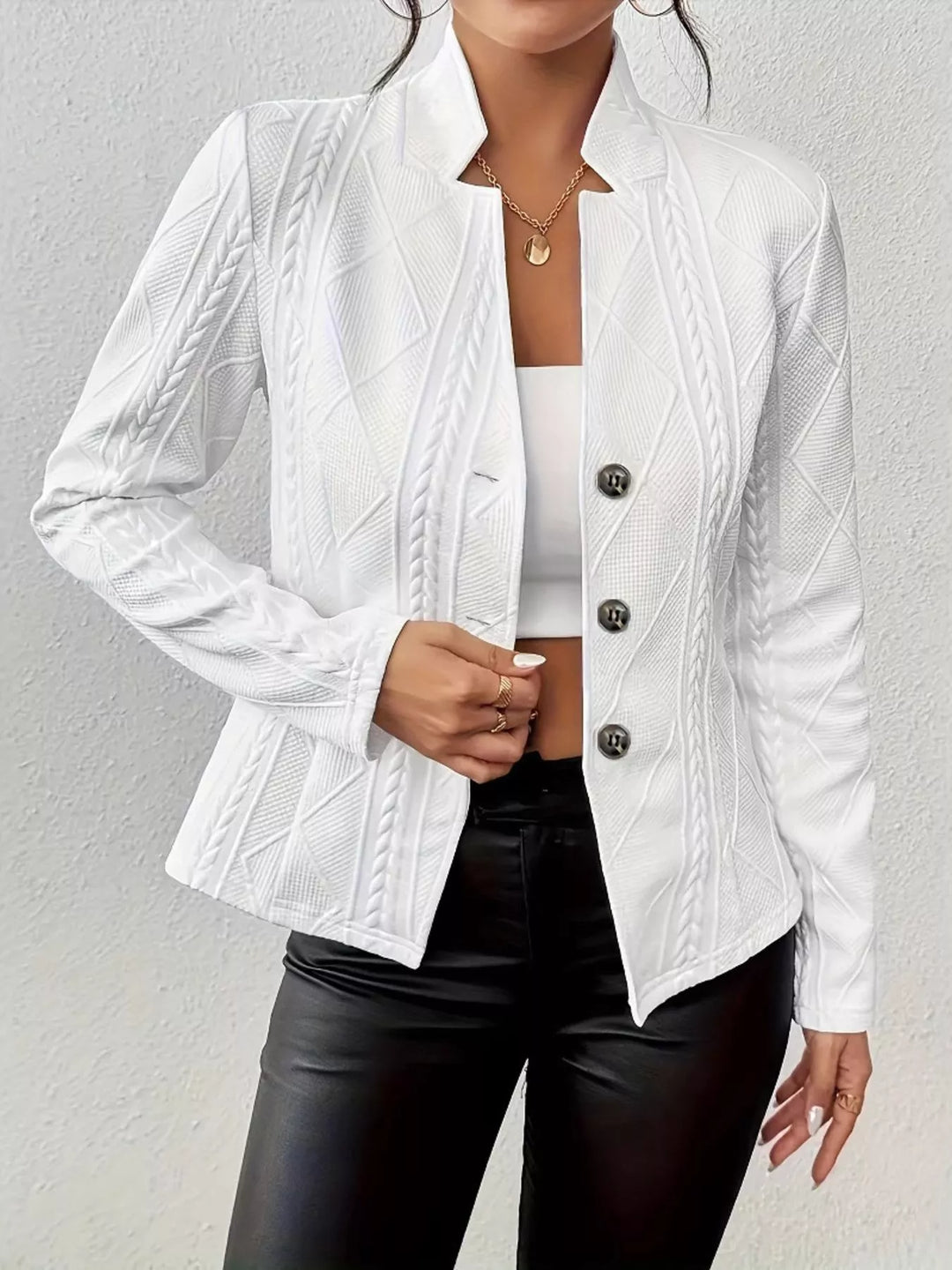 White textured knit blazer with open front and stand collar
