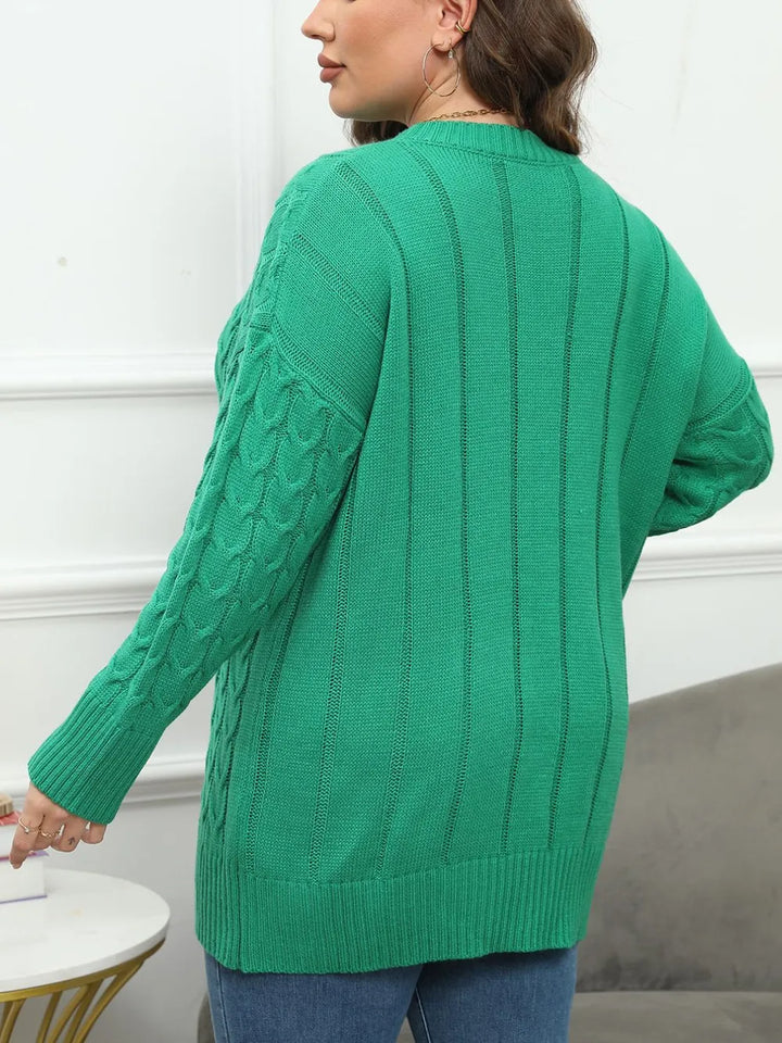 Cable longline crew neck plus size in dark green, back view