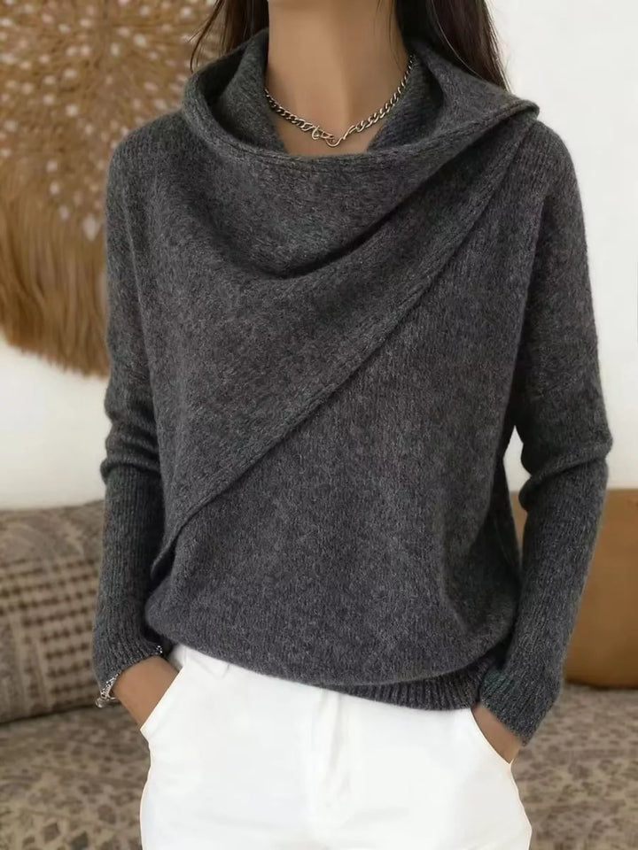 Draped diagonal cowl neck ribbed hem in gray, front view