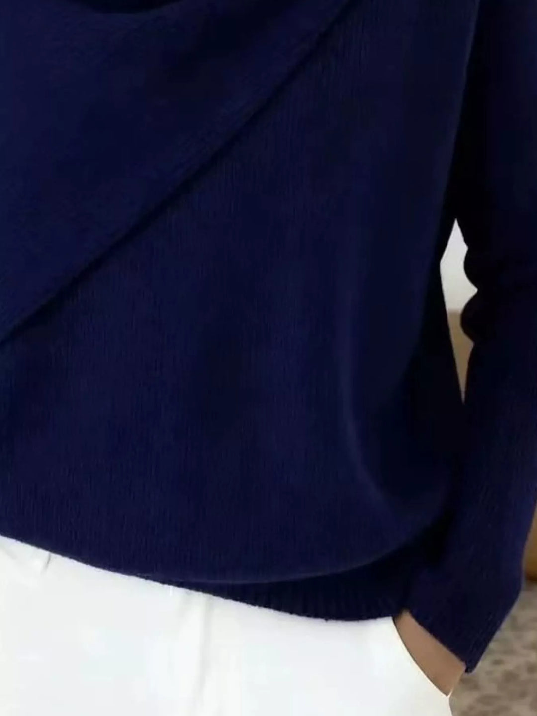 Draped diagonal cowl neck ribbed hem in navy, close-up detail 2
