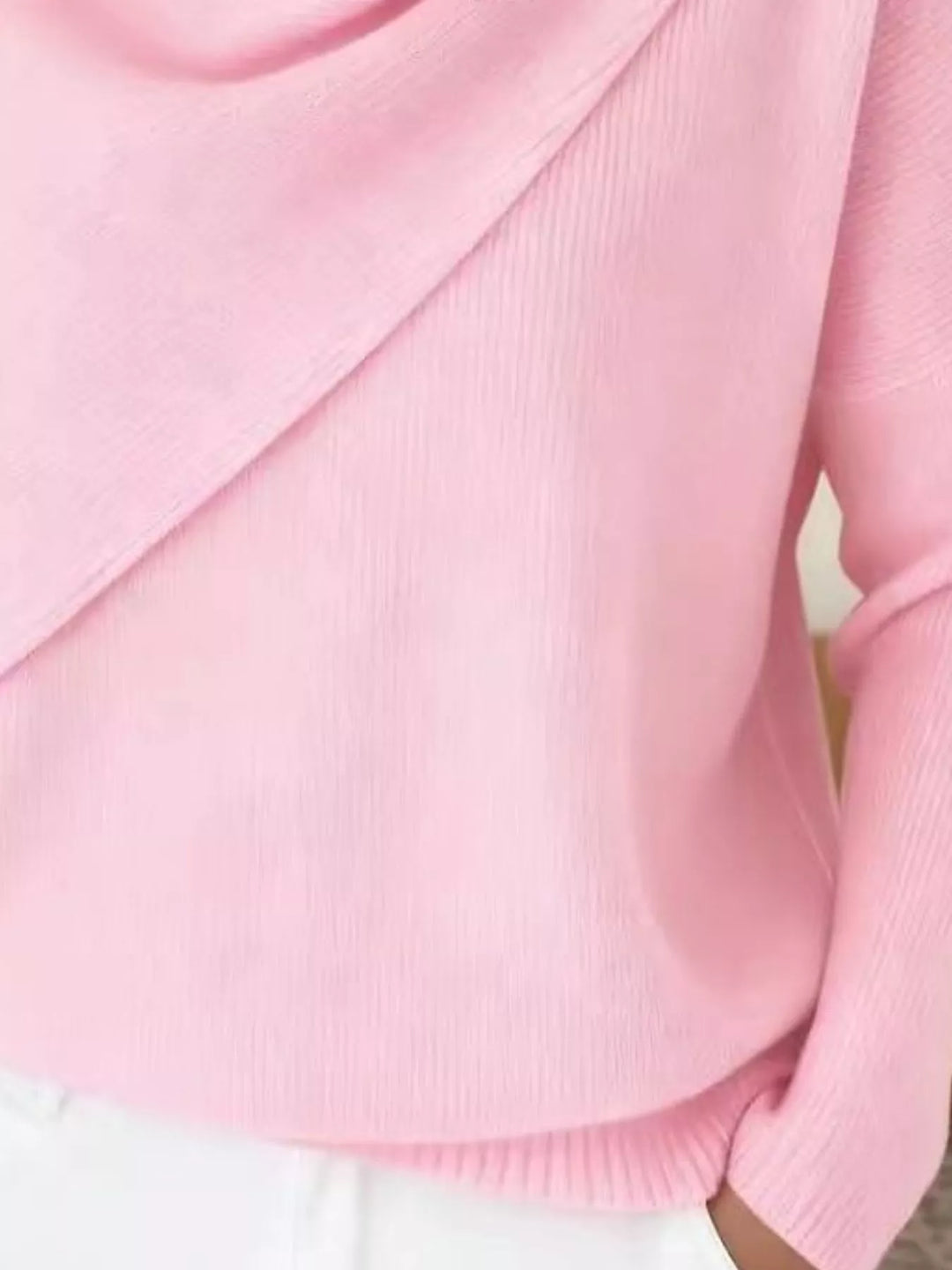 Draped diagonal cowl neck ribbed hem in pink, close-up detail 2