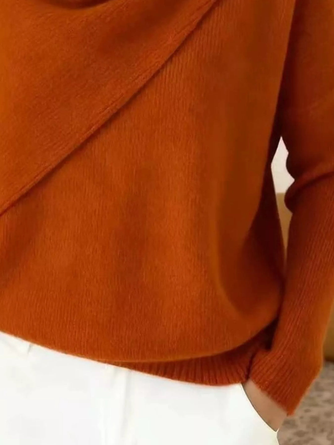 Draped diagonal cowl neck ribbed hem in tan, close-up detail 2