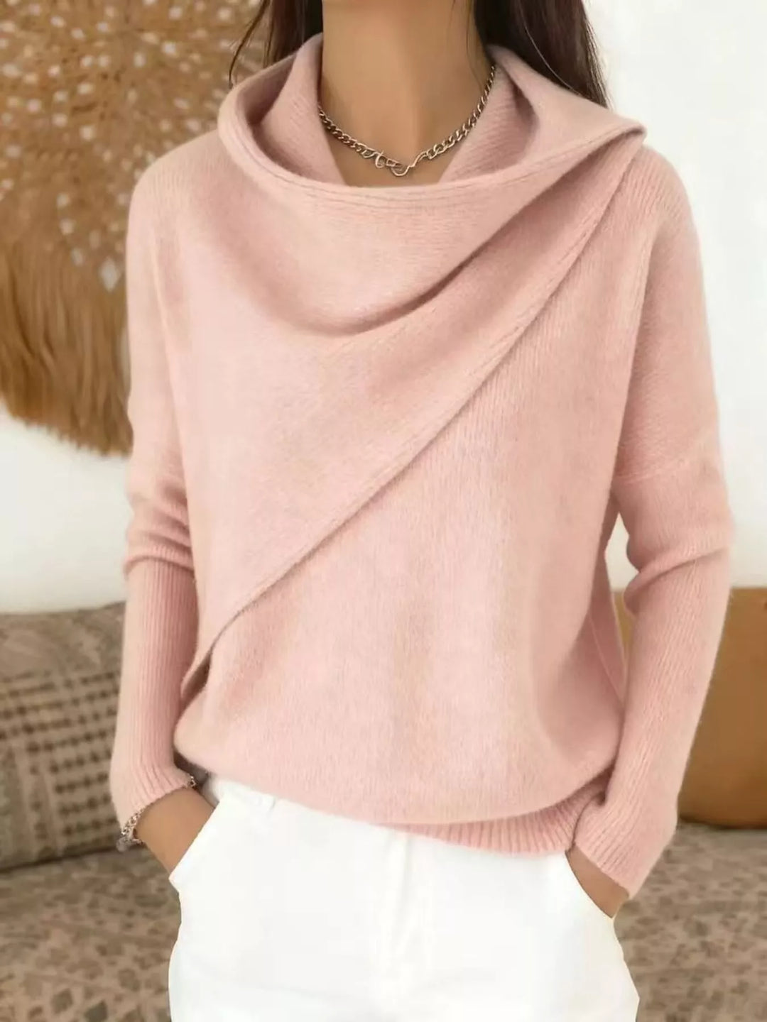 Draped diagonal cowl neck ribbed hem in watermelon pink, front view