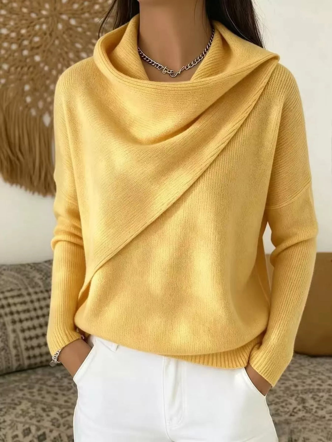 Draped diagonal cowl neck ribbed hem in yellow, front view