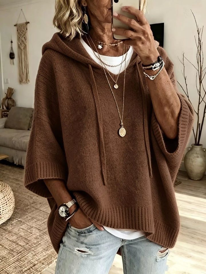 Brown hooded batwing sleeve sweater with drawstrings, casual front view