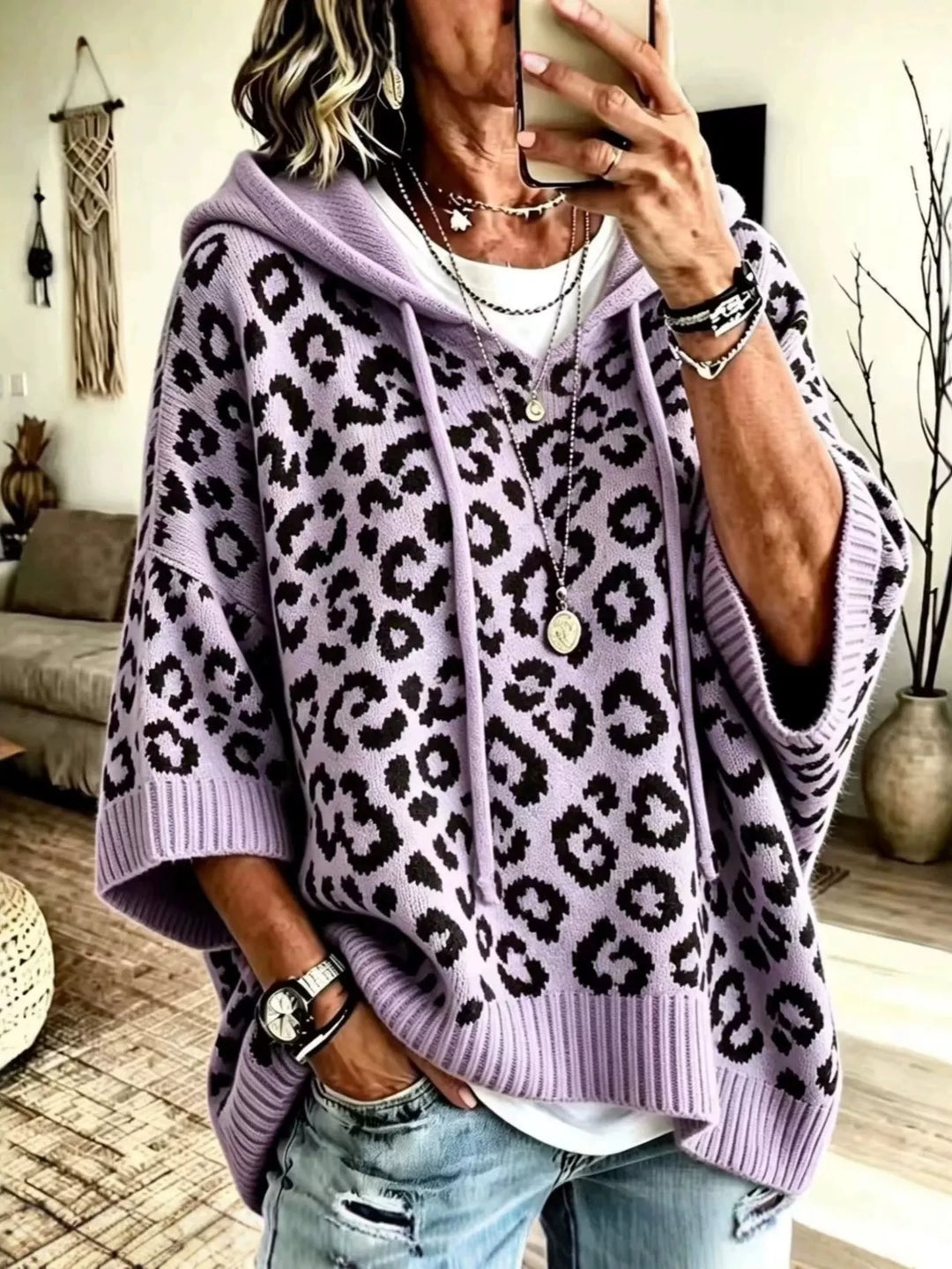 Hooded leopard print poncho style in purple, front view