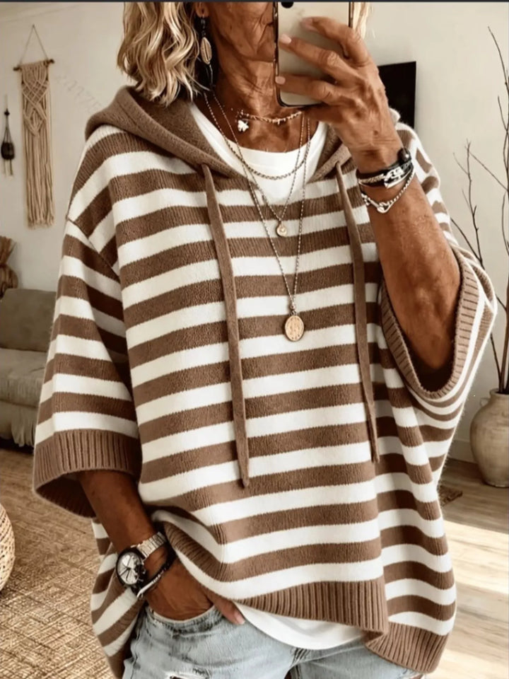 Striped hooded elbow length sleeves in dark brown, front view
