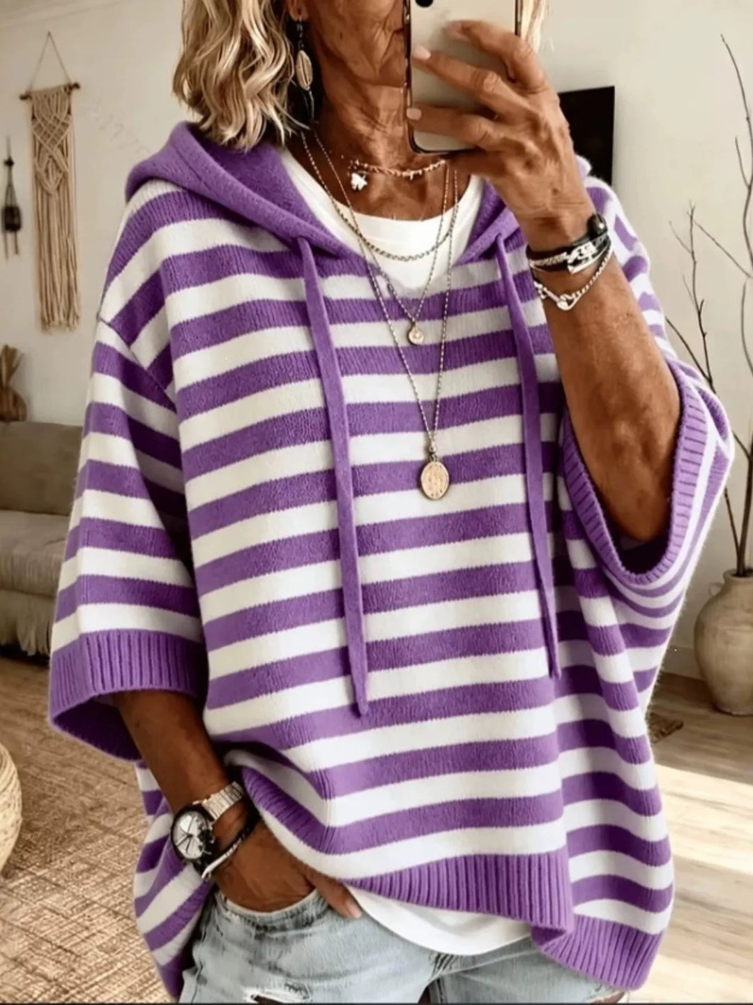 Women's knit sweater in purple, striped hooded elbow length sleeves