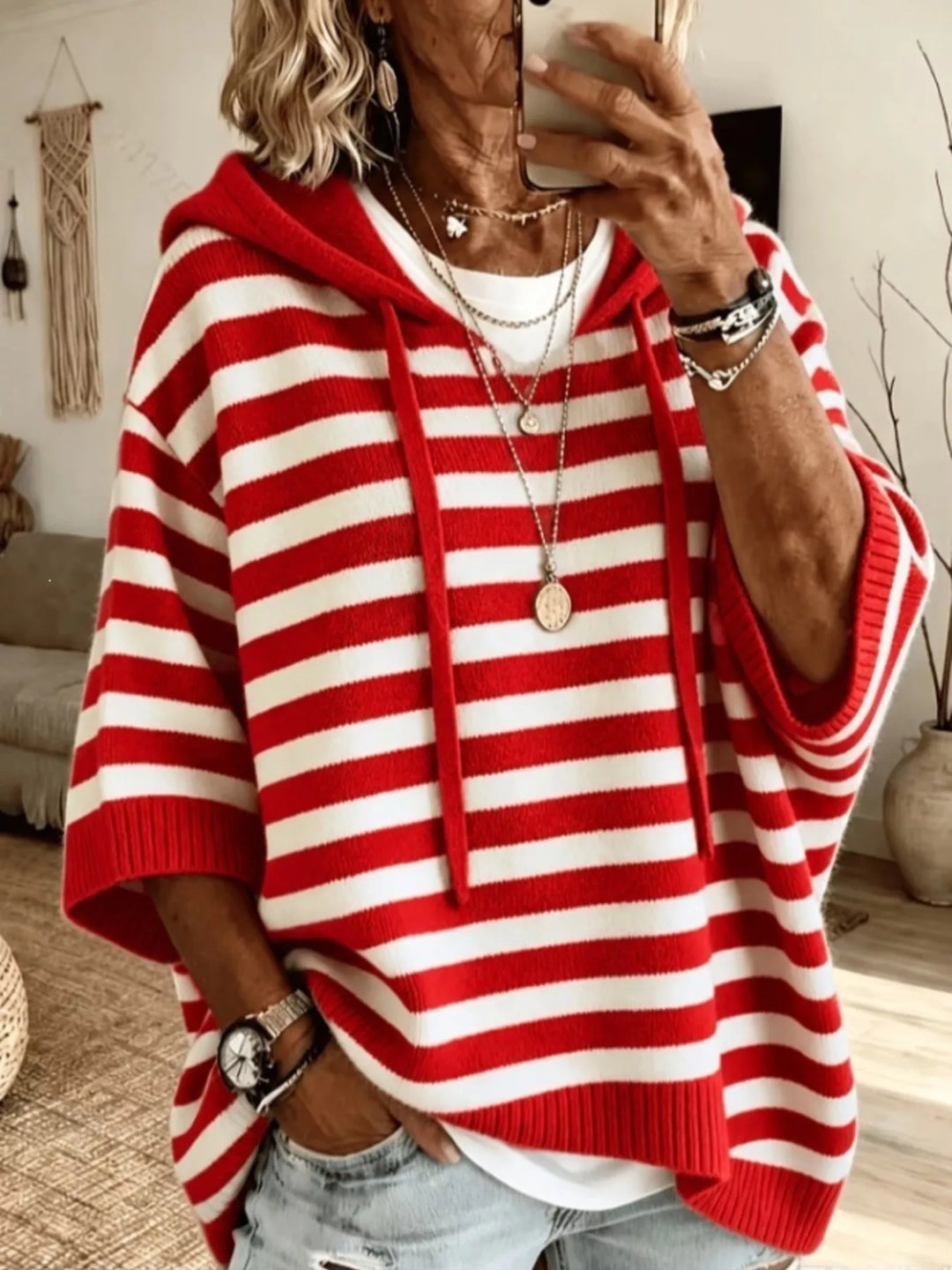 Striped hooded elbow length sleeves in red, front view