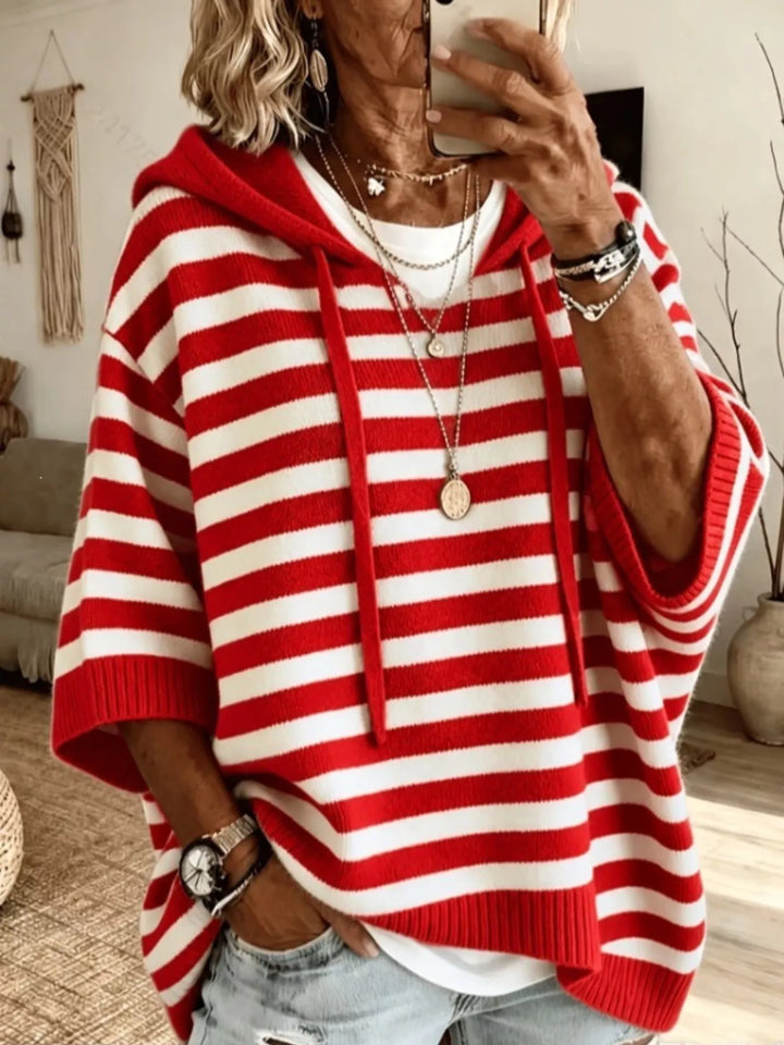 Striped hooded elbow length sleeves in red, front view